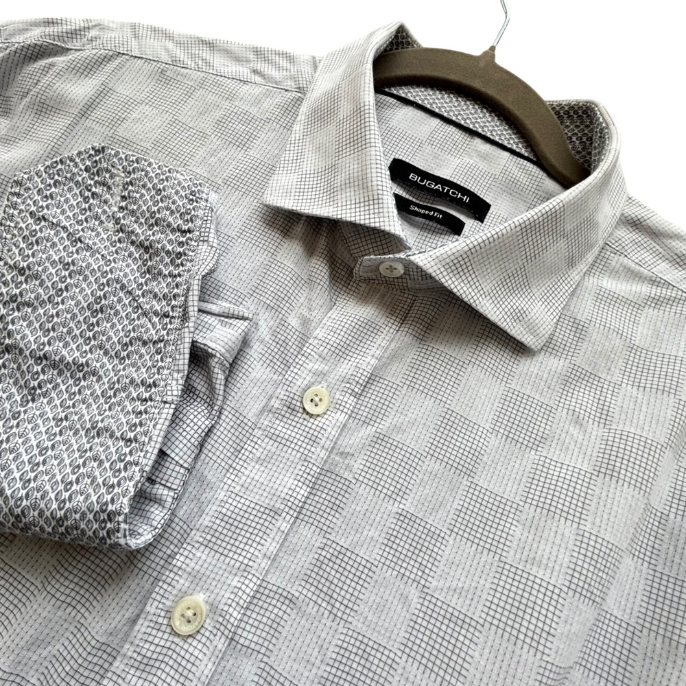 Bugatchi‎ Button Up Shirt Mens XXL White Gray Grid Shaped Fit Business Casual